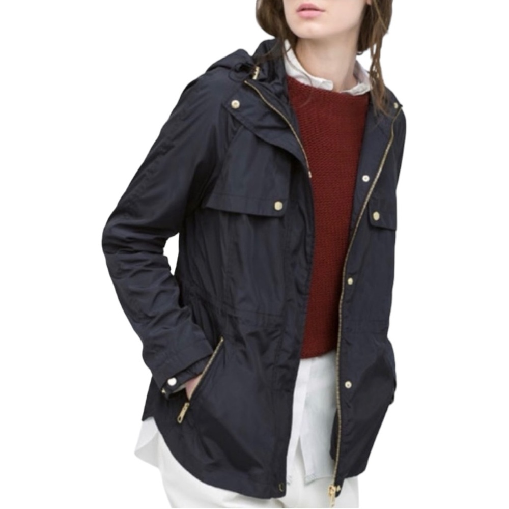 Zara Navy Blue Rain Jacket Hooded Full Zip Gold Tone Zippers & Snaps Size Medium